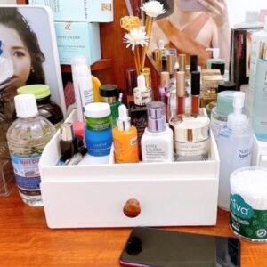 kệ đựng mỹ phẩm nhỏ trắng núm gỗ đậm 25cm , tủ đựng mỹ phẩm , tủ đựng đồ trang điểm , đựng đồ makeup