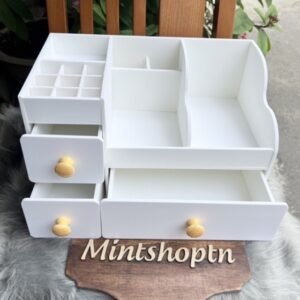 kệ đựng mỹ phẩm max 35cm màu trắng núm gỗ sáng 9 ô son trên