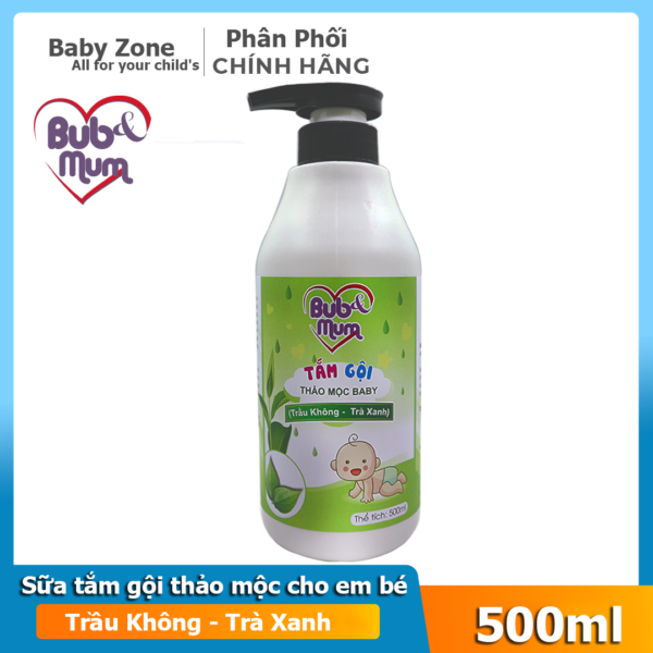 [HCM]Sữa tắm cho bé dùng tắm gội toàn thân chiết xuất thảo mộc từ tinh dầu Trầu Không và Trà Xanh Bub&Mum dung tích 500ml - Phân phối bởi baby zone