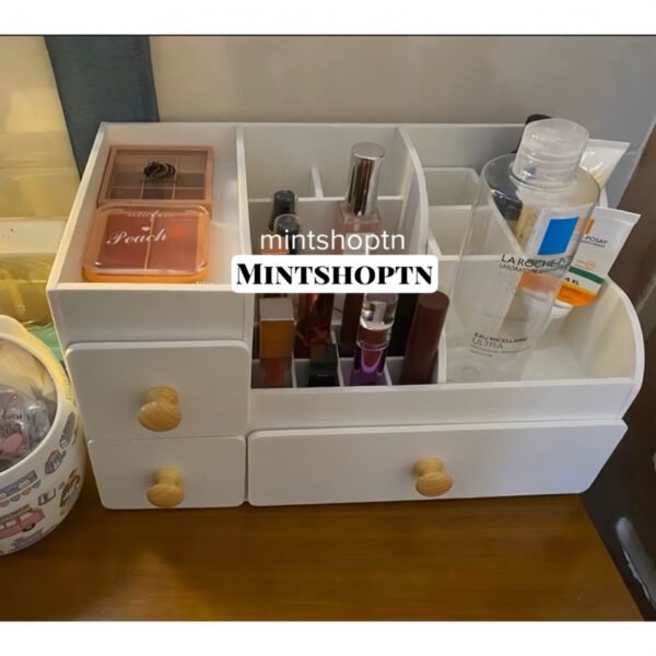 Kệ mỹ phẩm max 35cm màu trắng núm gỗ sáng , Tủ Để Đồ Mĩ Phẩm, Đồ Trang Điểm, Makeup Có Ngăn Kéo Tiện Lợi