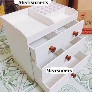 Tủ đựng mỹ phẩm 4 tầng trắng núm gỗ đậm