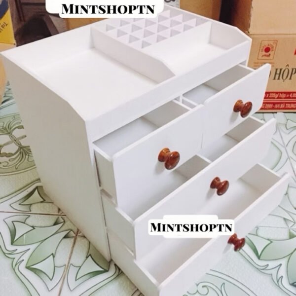 Tủ đựng mỹ phẩm 4 tầng trắng núm gỗ đậm