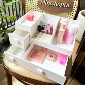 Kệ đựng mỹ phẩm max 35cm màu trắng núm tim full ô son dưới,  tủ đựng mĩ phẩm , kệ đựng đồ trang điểm