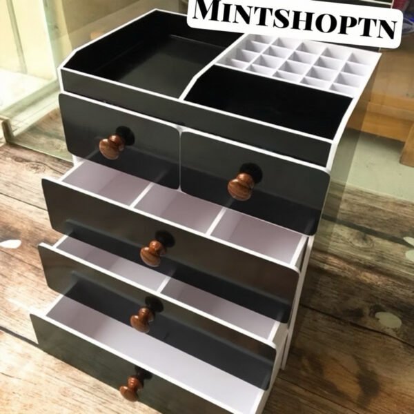 Tủ đựng mỹ phẩm 5 tầng màu đen núm gỗ đậm