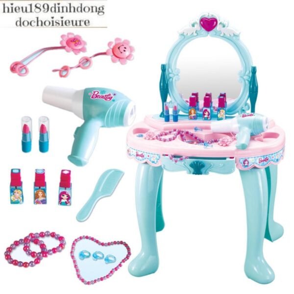 Hộp Bàn trang điểm màu xanh cho bé cỡ lớn có nhạc có đèn tặng kèm pin (ảnh thật kèm kick thước)