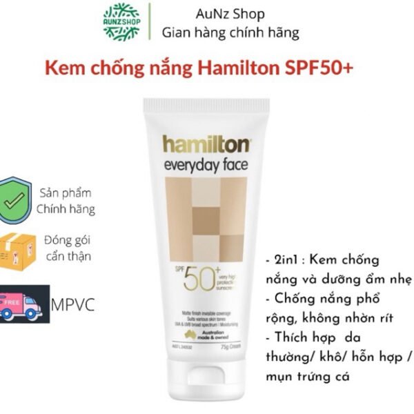[Mẫu mới ]Kem chống nắng cho da mặt Hamilton Spf 50+ 75gr hàng Úc