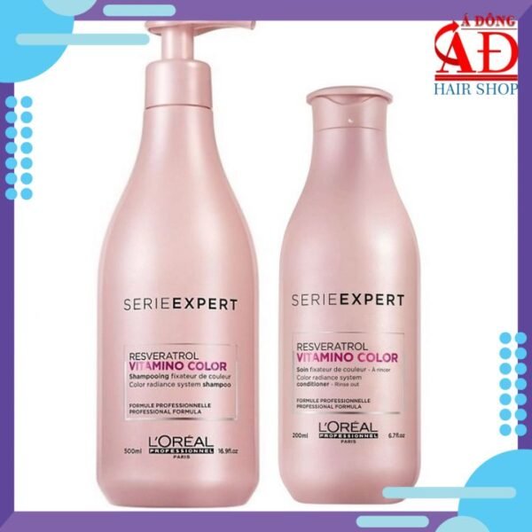 Bộ dầu gội xả Loreal Vitamino Resveratrol Serie Expert mềm mượt giữ màu tóc nhuộm Spain 500ml/200ml