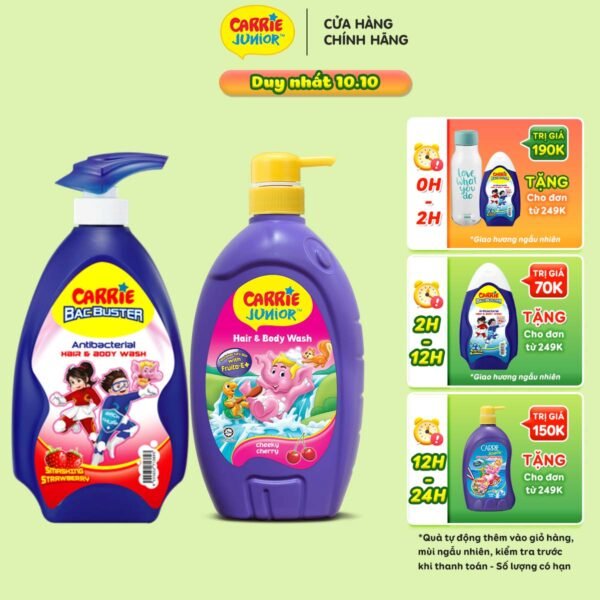 [MUA 1 GIẢM 10K + QUÀ TẶNG]  Combo 2 Sữa Tắm Gội cho bé Carrie Junior Hương Cherry +  Bacbuster Hương Strawberry (700/chai)