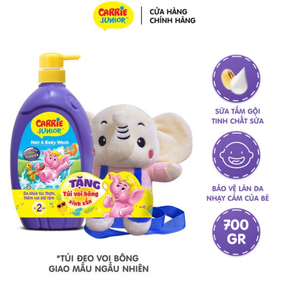 [GIFT]Sữa Tắm gội cho bé Carrie Junior Tinh chất Sữa 700g + Túi Voi bông (màu ngẫu nhiên)